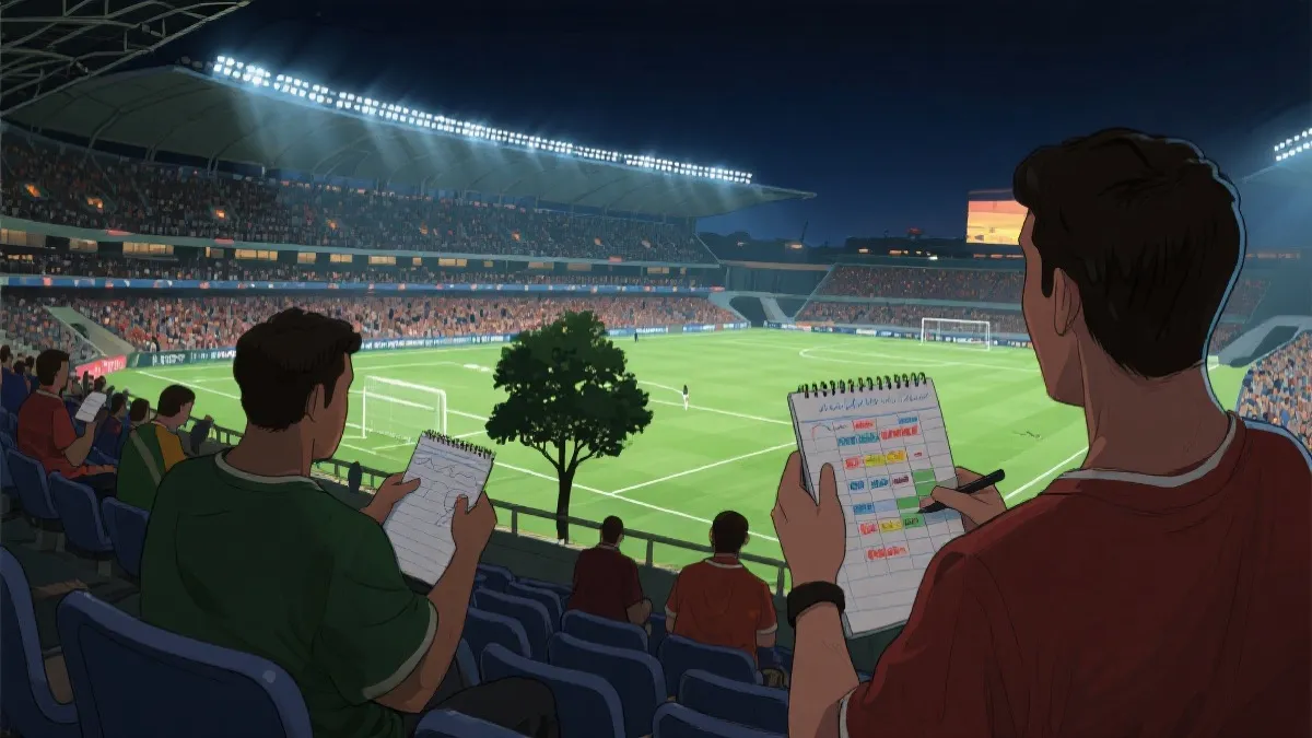 球迷在体育场看台上分析对阵树与赛程